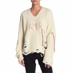 Peace Love World Cream V-Neck Sweater with Red Details